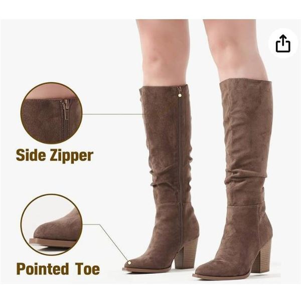 PUTU Women’s Pointed Toe Boots with Chunky Heel, Size 9, Brown