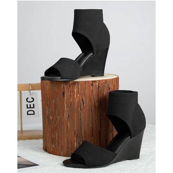 Black Wedge Open-Toe Heel with Knit Upper by BCBG, Size 7