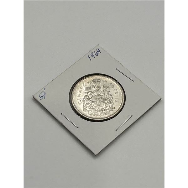 1964 Canadian 50-Cent Silver Coin Featuring Queen Elizabeth II and Canadian Coat of Arms