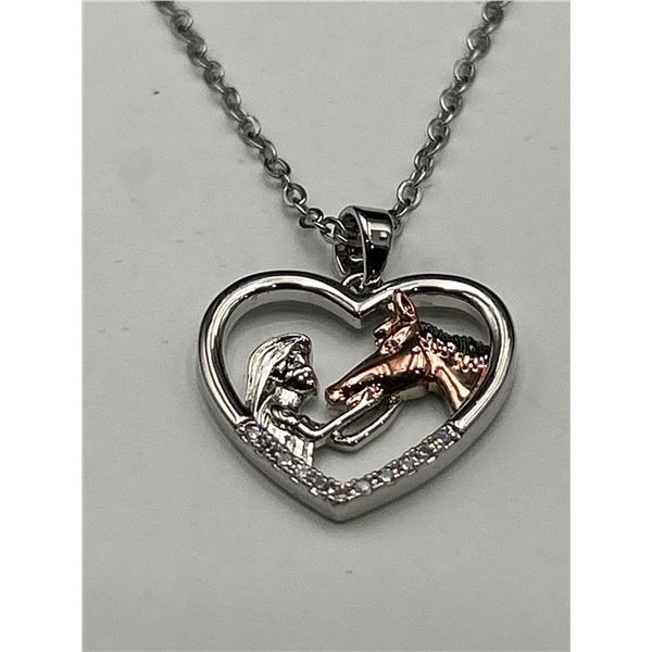 Silver-Toned Heart-Shaped Necklace with Horse and Woman Pendant