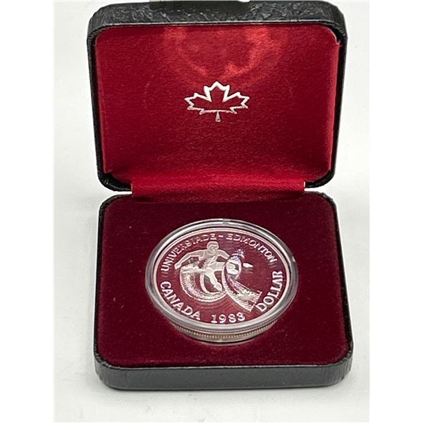 1983 Canada Universiade Edmonton Silver Dollar Coin With Maple Leaf Case