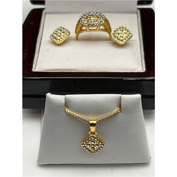 Gold-Tone Jewelry Set with Pendant, Earrings, and Ring Featuring Rhinestone Accents