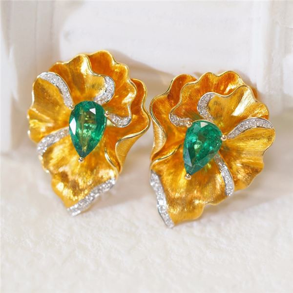 18K Gold Emerald Lotus Earrings