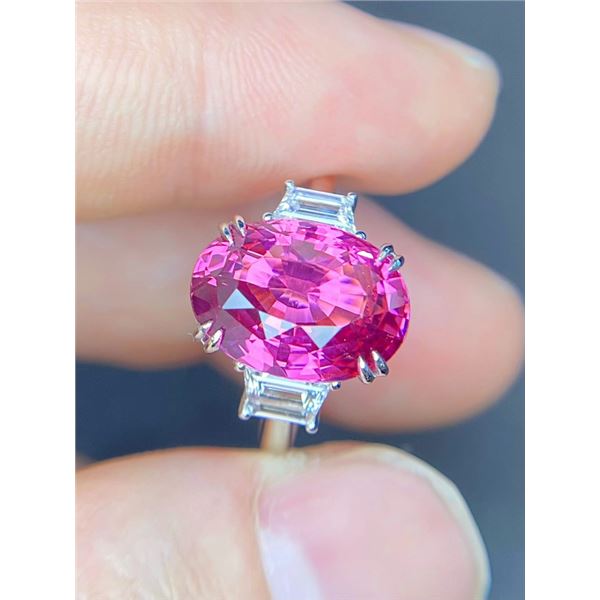 Unheated Hot Pink Spinel Three-Stone Ring