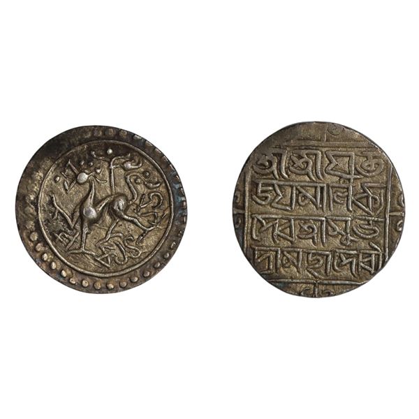 Tripura: Jaya Manikya, Silver Tanka, Saka 1495, citing Queen Subhadra