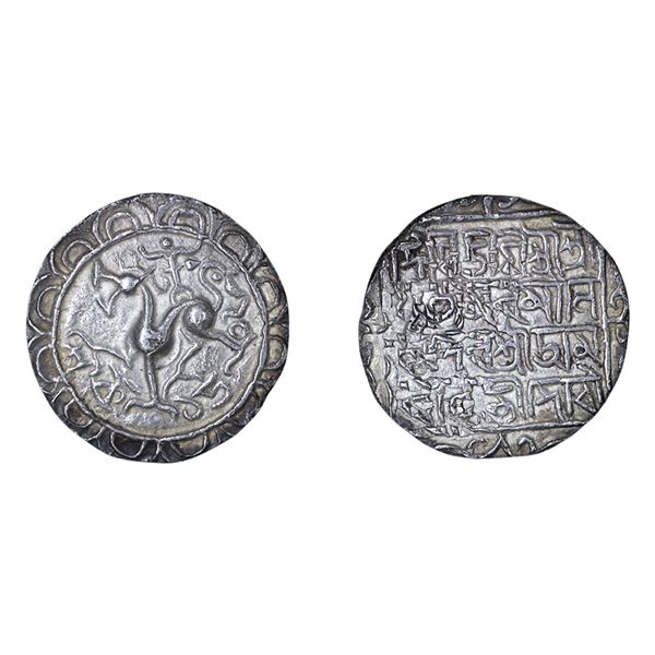 Tripura: Amara Manikya,  Silver Tanka, Saka1502, with title 'Conquerer of the World,' citing Queen A