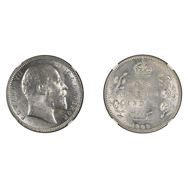 British India: Edward VII, 1909, Silver Rupee, Calcutta, NGC MS 64