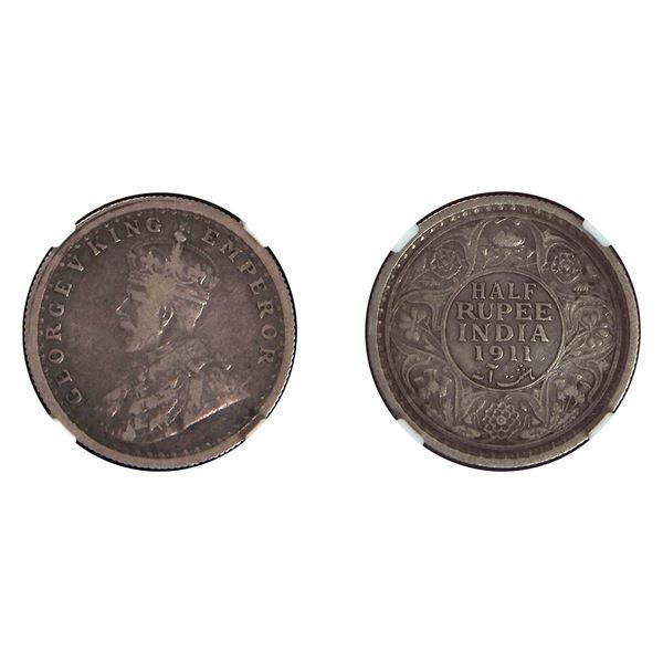 British India: George V, 1911, pig-type, Silver 1/2 Rupee, Calcutta, NGC Fine, Extremely Rare