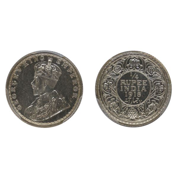 British India: George V, 1918, Silver 1/4 Rupee, Calcutta, Proof Restrike, PR 65