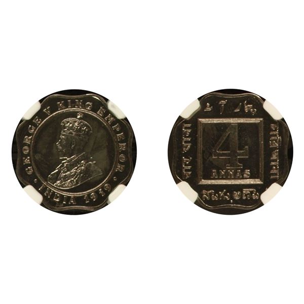 British India: George V, 1919, Cu-Ni 4 Annas, Bombay, Proof Restrike, PR 64