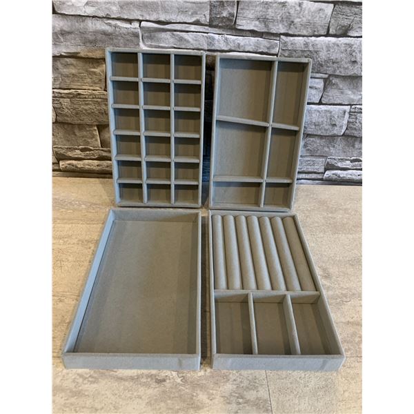 Lot of 4 Gray Jewelry Organizer Trays - Velvet Material - Stackable