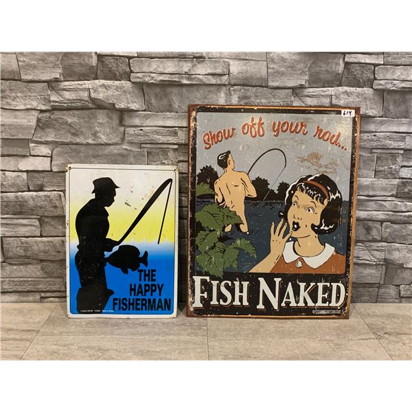 Lot of 2 Metal Fisherman Signs