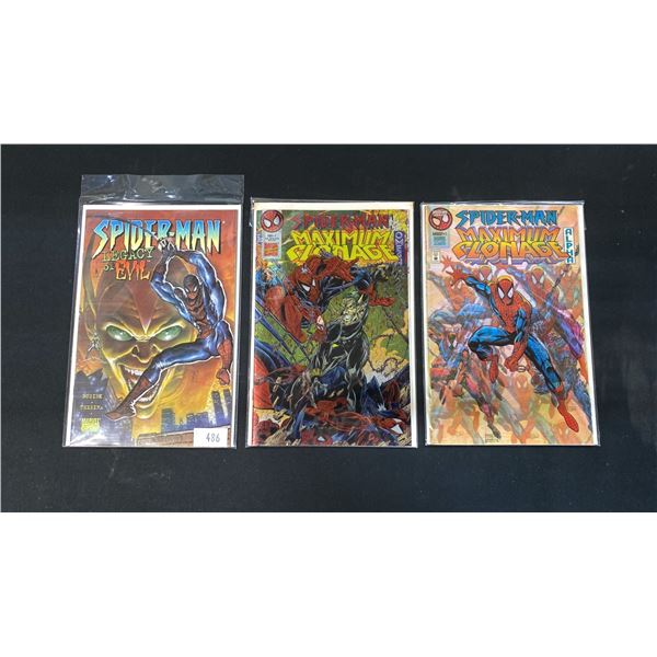 (3) MARVEL SPIDER-MAN COMIC BOOKS; LEGACY OF EVIL, MAXIMUM CLONAGE ALPHA #1 & MAXIMUM CLONAGE OME...