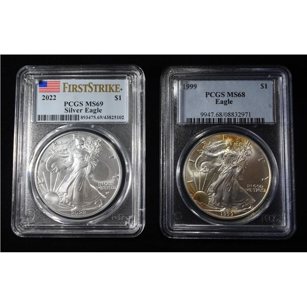 (2) AMERICAN SILVER EAGLE PCGS MS69 & MS68