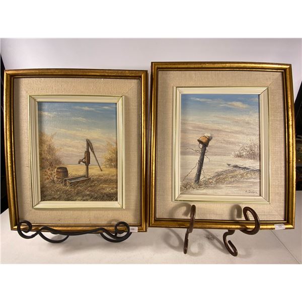 Pair of Vintage Prairie Well & Fencepost Landscape Paintings by Hans Dohrn