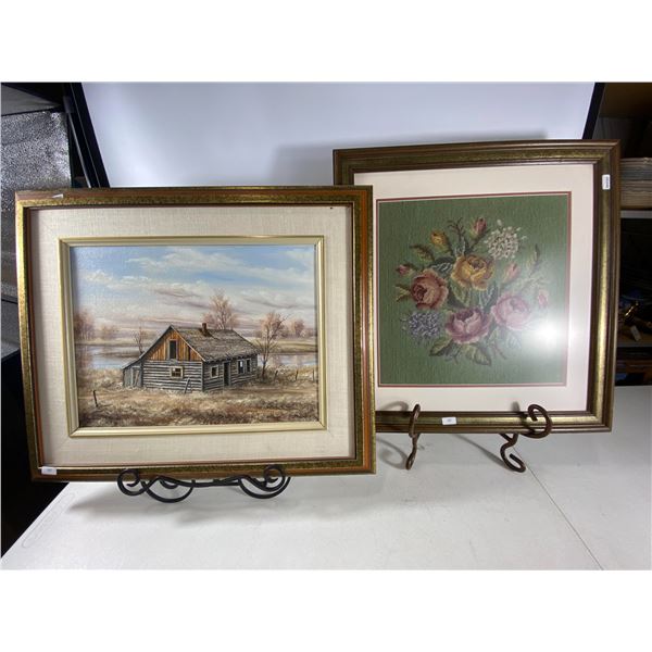 Framed Hans Dohrn Prairie Landscape & Vintage Floral Needlepoint