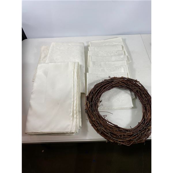 Vintage White Damask Table Linens Assortment with Rustic Grapevine Wreath