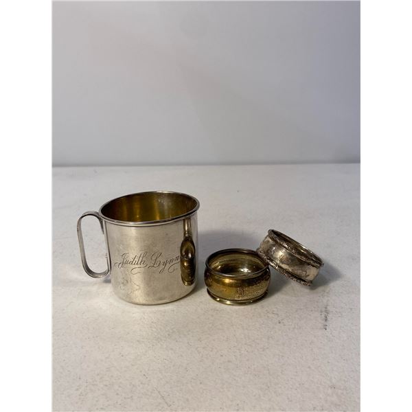 Sterling silver baby cup, and 2 napkin rings, Total Weight 90g