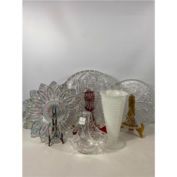 Iridescent & Cut Glass Serveware Lot with Milk Glass Vase