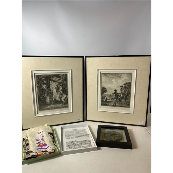 Pair of Framed Historic Engravings with Asian Textile and Framed Medallion