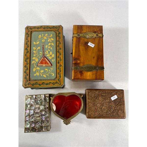 Collection of Decorative Boxes a Wood, Abalone & Velvet-Heart Designs