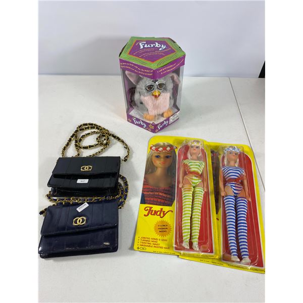 Vintage Toy & Fashion Lot a Boxed Furby, Judy Dolls & Chain Strap Purses