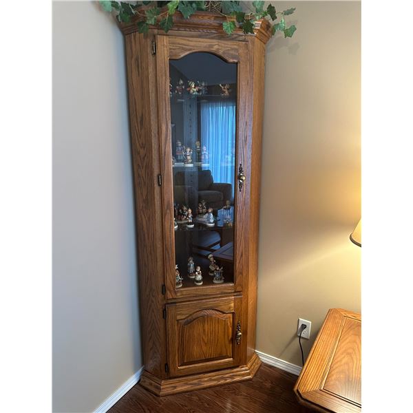 Oak Corner Curio Cabinet with Glass Door