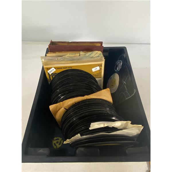 Large Lot of Vintage 45 RPM Records with Sleeves, Album Binder, and Language Series Sets