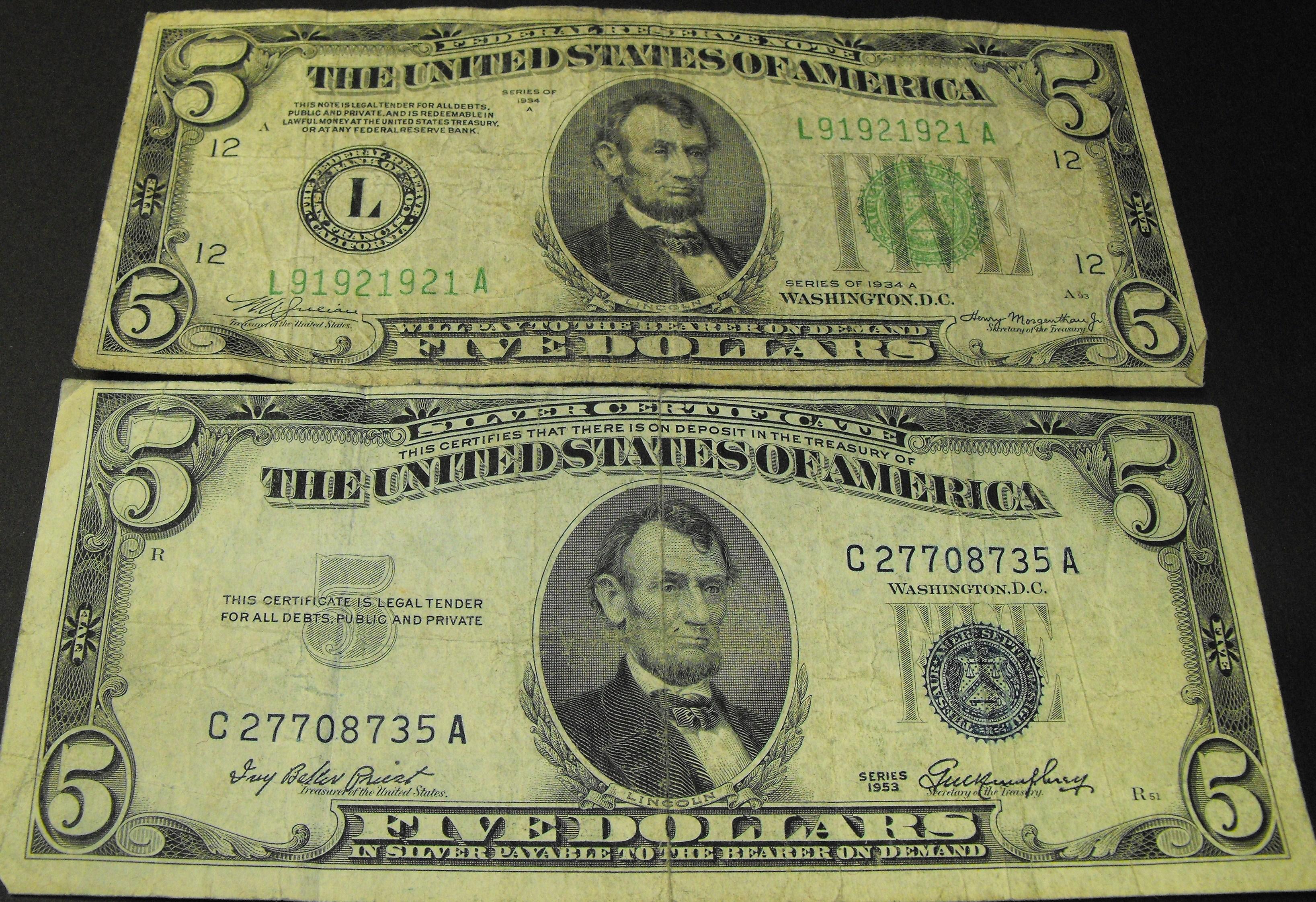 (2) US MINT Five Dollar Bills 1953 Silver Certificate 1934 FRN (2) US MINT Five Dollar Bills 1953 Silver Certificate 1934 FRN