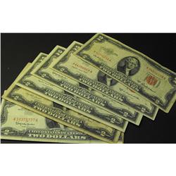 Lot of (6) 1953 Red Seal $2 Dollar Bills