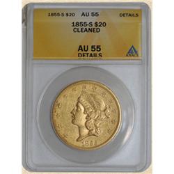 1855-S $20 Liberty AU55 Details ANACS