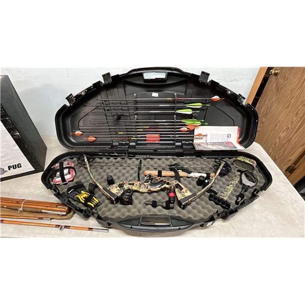 PSE PRO SERIES HUNTING BOW WITH REPAIR TOOLS, CLUB, ARROWS, QUIVER & HARD SHELL CASE