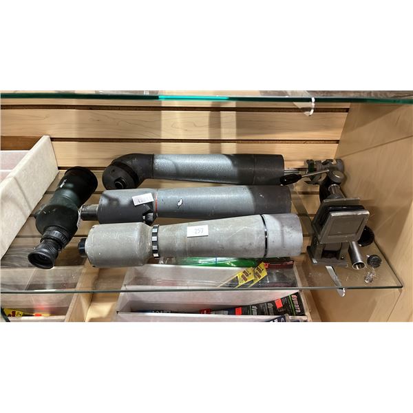 (4) ASSORTED SCOUTING OPTICS & (2) BARREL CLAMPS
