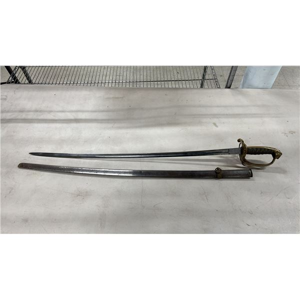 VINTAGE SWORD WITH DUNLEY GRAND PARADE PORTSMOUTH ETCHED BLADE - 31" BLADE WITH SHEATH