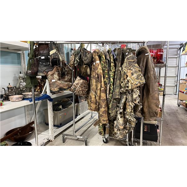 RACK OF ASSORTED HUNTING GEAR INCLUDING; JACKETS, GLOVES, HAT, BOOTS, PANTS & MORE *RACK NOT