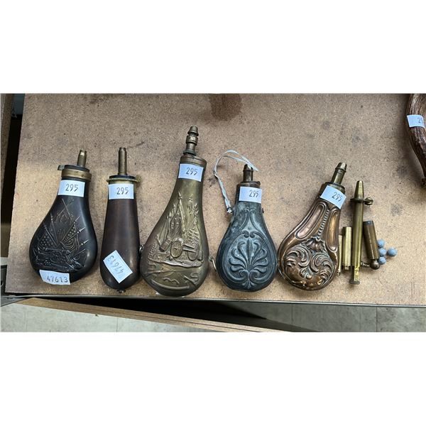 (5) ASSORTED BRASS & COPPER GUN POWDER FLASKS & OTHER BRASS ITEMS