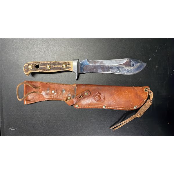 VINTAGE PUMA WHITE HUNTER 6377 HUNTING KNIFE WITH STAG HORN GRIP & LEATHER SHEATH