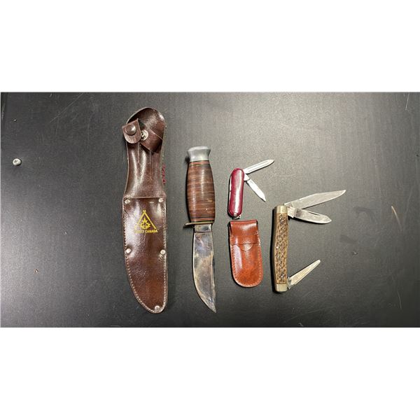 VINTAGE SCOUTS CANADA SHEATH KNIFE WITH 3" BLADE & (2) POCKET KNIVES