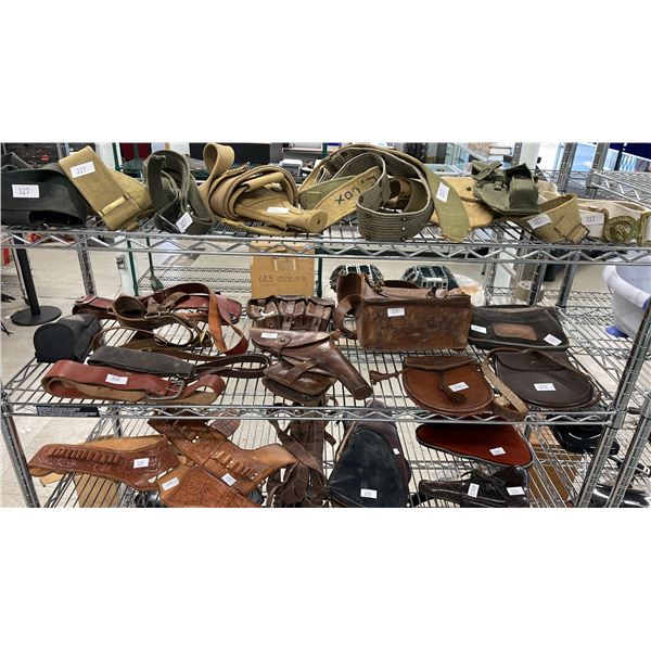 SHELF OF LEATHER BELTS, AMMUNITION POUCHES & BAGS