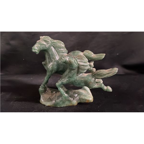 CHINESE CARVED JADE FIGURINE OF GALLOPING HORSES: 6"W X 5.5"T X 3"D