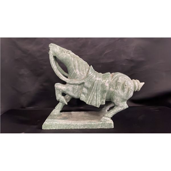 CHINESE CARVED JADE WAR HORSE: 12"W X 10"T X 3.5"D - *CHIP IN REAR RIGHT HOOF*