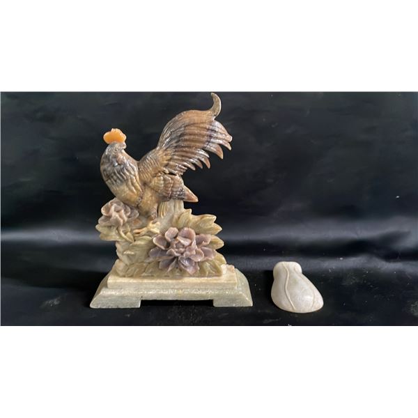VINTAGE ASIAN CARVED STONE ROOSTER (7"T X 5.5"W) WITH SMALL STONE CARVING 2.25" X 1.75" CARVING