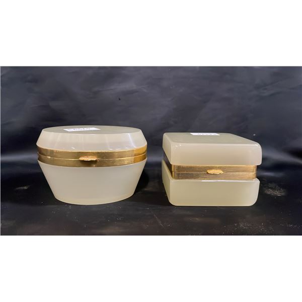 (2) VINTAGE FRATELLI FERRO OPALINE GLASS & METAL TRINKET BOXES