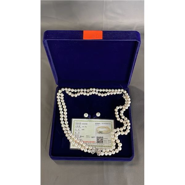 FRESHWATER PEARL DOUBLE STRAND NECKLACE & EARRINGS WITH CERTIFICATE