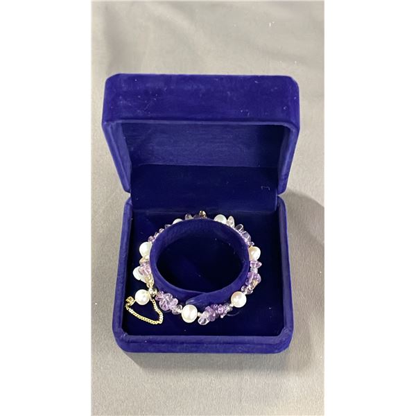 FRESHWATER PEARL & AMETHYST CHIP BRACELET WITH SLIDING CLASP