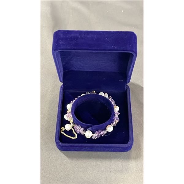 FRESHWATER PEARL & AMETHYST CHIP BRACELET WITH SLIDING CLASP