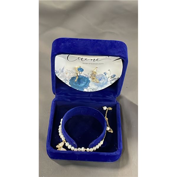 ADJUSTABLE FRESHWATER PEARL BRACELETE WITH BUTTERFLY CHARM & EARRINGS