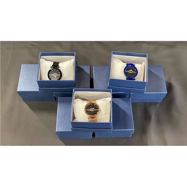 9 LADIES WATCHES WITH STARRY SKY FACES - 3  GOLD, 3 BLUE & 3 BLACK