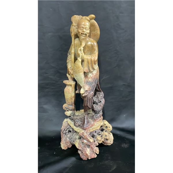 HEAVY VINTAGE CHINESE CARVED STONE FISHERMAN STATUE: 18" TOTAL HEIGHT