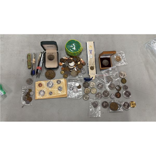 ENAMELED FOLDING KNIFE, ASSORTED CROSS PENS & ASSORTED WORLD COINS